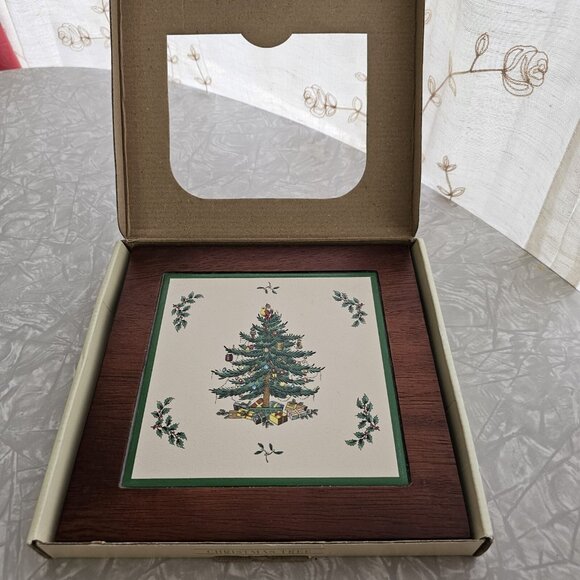 Spode Christmas Tree Tile and Wood Trivet 8" square original box vintage - Picture 9 of 14